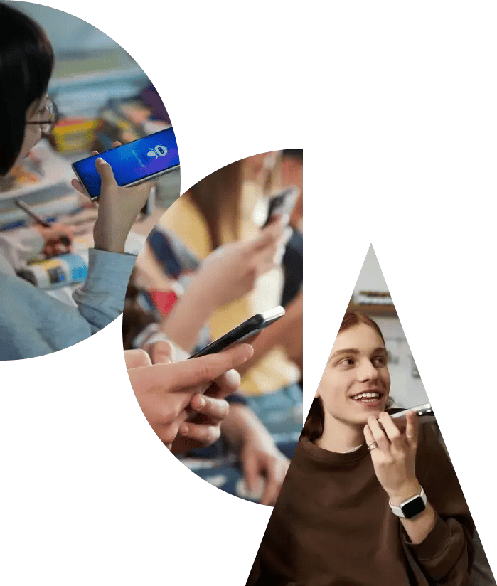 Three pictures in shape of DCA.  2 mobile phones and a teenager speaking into phone.